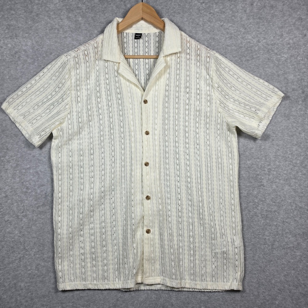 Manfinity Shirt Mens Size Large Ivory Eyelet Open Collar Button Down Airy Camp